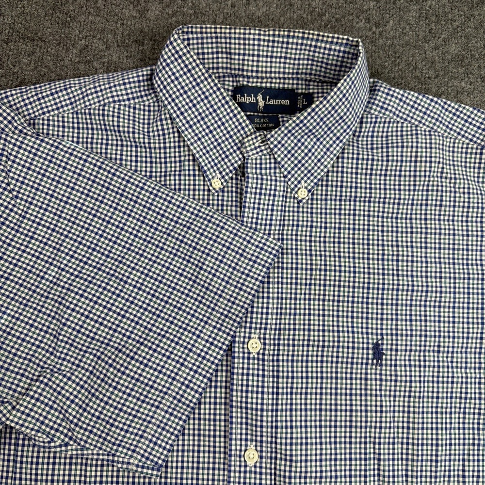 Ralph Lauren Blake Shirt Mens L Blue Check Button Down Classic Fit Short‎ Sleeve